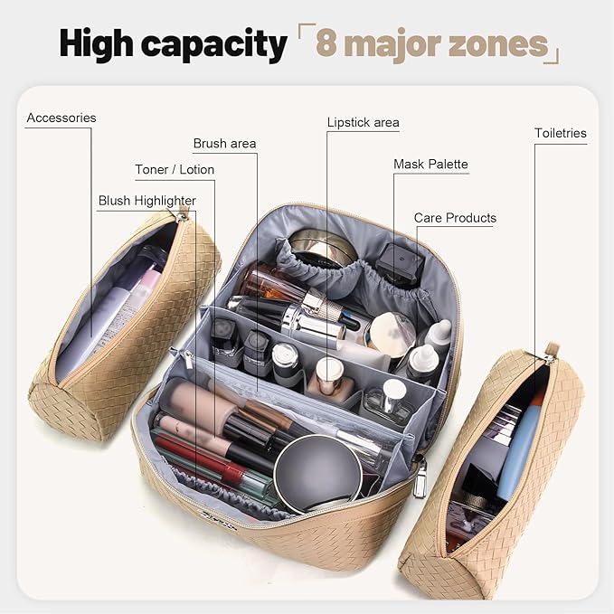 BOYATU Travel Makeup Bag Cosmetic Bags for Women: Large Capacity 3 Pcs Set Make up Bag with Compartments - Waterproof Vegan Leather Toiletry Organizer Bags with Handle (L37 Apricot)