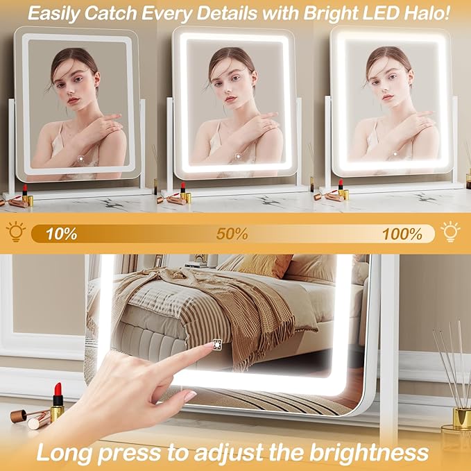 Vanity Mirror with Lights, 17.3’’ LED Makeup Mirror Detachable 10X Magnification, Smart Touch Control, 3 Color Lighting Modes,360°Rotation Tabletop Make Up Mirror for Bedroom Bathroom