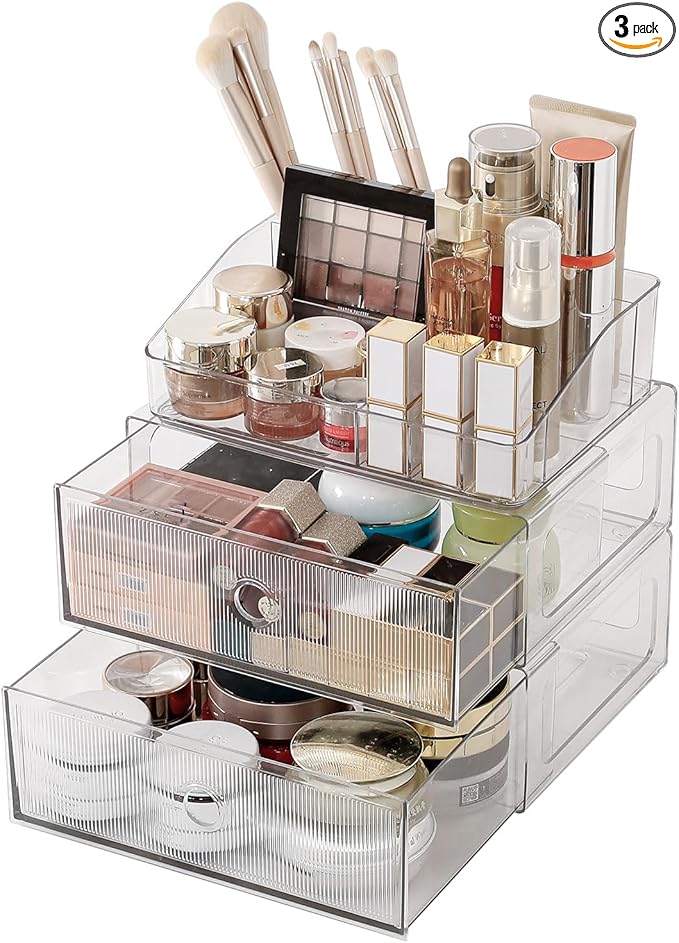 3-Tiers Makeup Organizer with Drawer, Stackable Skincare Storage Box for Vanity and Bathroom, Beauty Essentials, Cosmetic Brushes, Perfume Stand, Large Lipsticks Holder