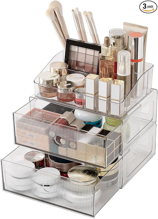 3-Tiers Makeup Organizer with Drawer, Stackable Skincare Storage Box for Vanity and Bathroom, Beauty Essentials, Cosmetic Brushes, Perfume Stand, Large Lipsticks Holder