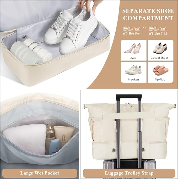 ETRONIK Gym Bag for Women, 45L Carry On Travel Duffel Bag with Shoes Compartment, Weekender Overnight Bag with Wet Pocket & USB Charging Port for Women, Travel, Gym, Weekend, Large Size (Beige)