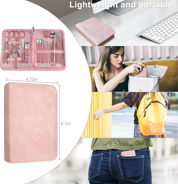 Women Manicure kit Professional sat Nail Set kit Pedicure Kit 30 in 1 Nail Clippers for Women Grooming Nail Care kit with Luxurious Travel Case Pink