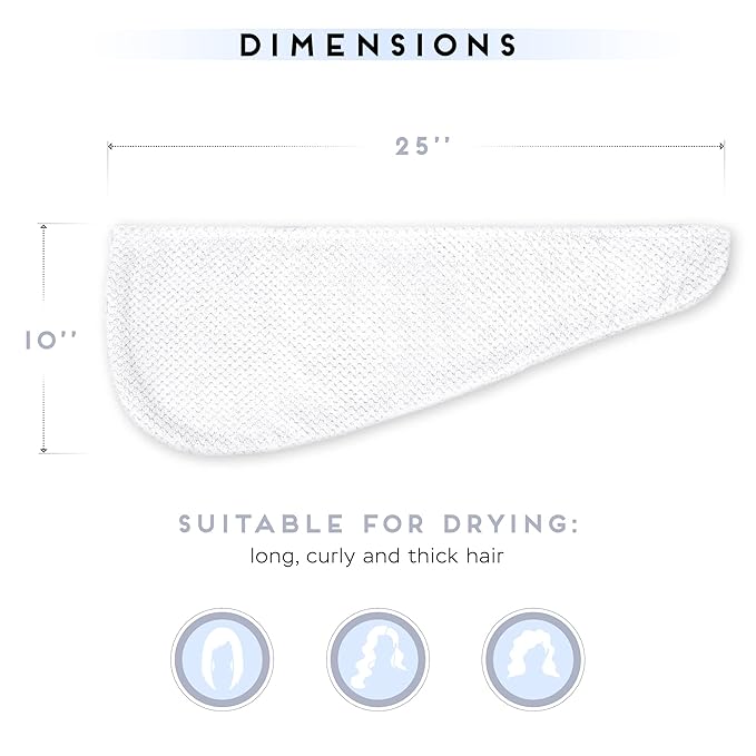 2 Pack Microfiber Hair Towel Wrap for Women, Anti Frizz Quick Drying Hair Turban for All Hair Style, Absorbent and Lightweight (Bright White)
