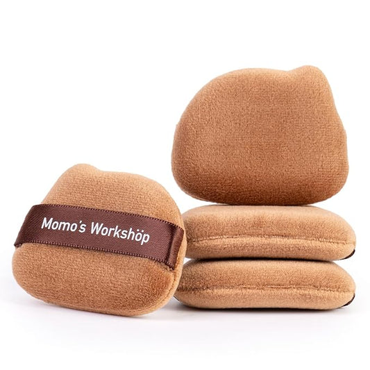 3-Pack Short Velour Powder Puffs with 85° Pointed Tip, for Precise Highlighting & All-Over Powder Setting, Dual-Sided Brown Puff for Cake Powder, Compact Foundation & Blush & Storage Case