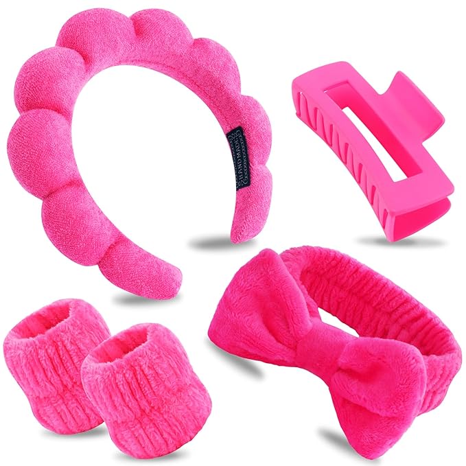 Canitor Spa Headband Wrist Bands Set with Hair Clips Skincare Skin Care Makeup for Washing Face Hot Pink Gifts for Women Preppy Tween Teen Girl Cute Trendy Stuff