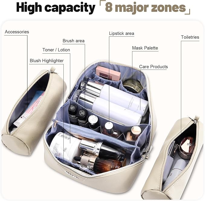 BOYATU Travel Makeup Bag Cosmetic Bags for Women: Large Capacity 3 Pcs Set Make up Bag with Compartments - Waterproof Vegan Leather Toiletry Organizer Bags with Handle (N-68Off-white)