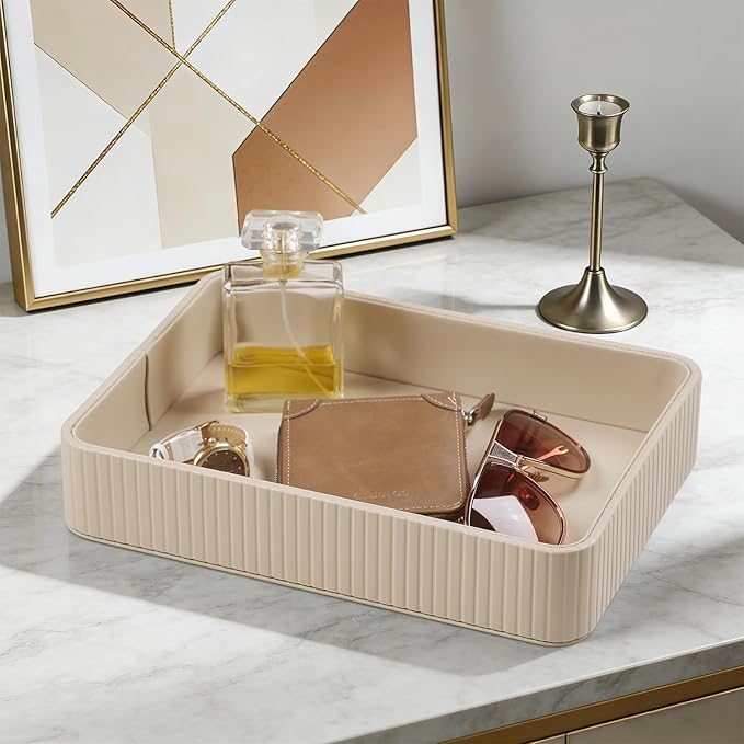 2 Pack Nightstand Organizer Tray, Decorative Perfume Valet Tray Trinket Dish Catch All Purse Key Bowl, PU Leather Coffee Table Trays for Vanity Dresser Bedside Bathroom Countertop (Beige)