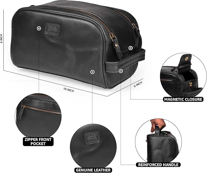 LEATHER VILLAGE Genuine Leather Toiletry Travel Pouch With Waterproof Lining - Black | King-Size Handcrafted Vintage Dopp Kit Bag, Shaving & Bathroom Organizer, Gift for Men & Women