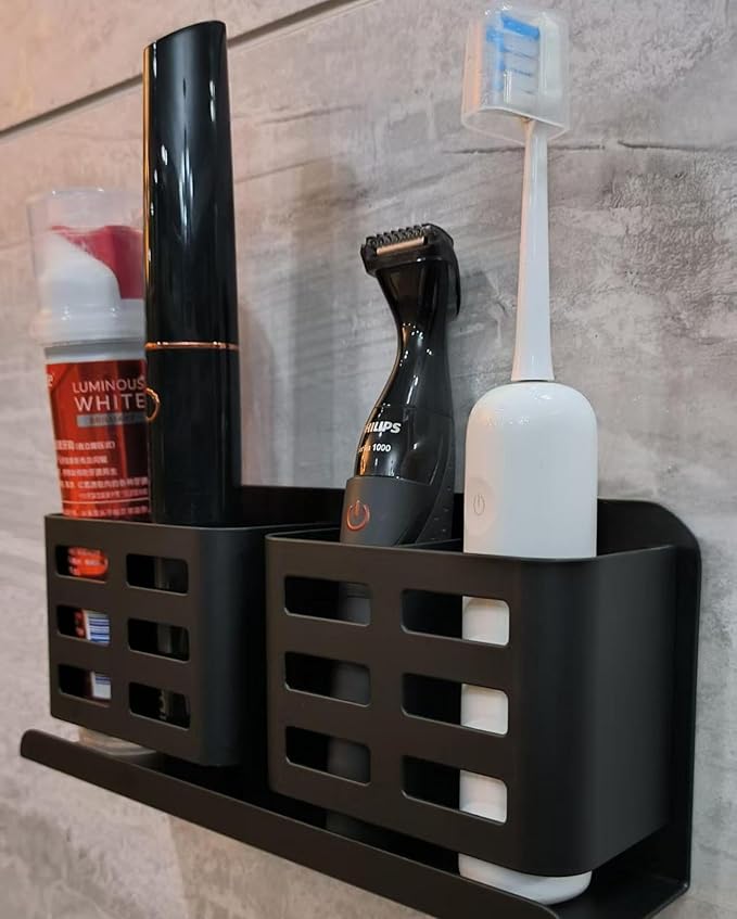 Aluminum Toothbrush Holder, Self-Adhesive Wall Mount Bathroom Organizer for Toothbrush, Razor, Comb & Toothpaste (Black)
