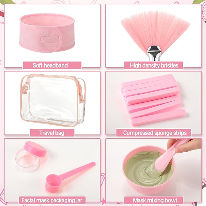 LemonRoad 34 Pcs Esthetician Facial Supplies Include Facial Bowls Brushes Jars Measuring Spoons Hairbands Esthetician Essentials Valentines Gift Set For Women(Pink)