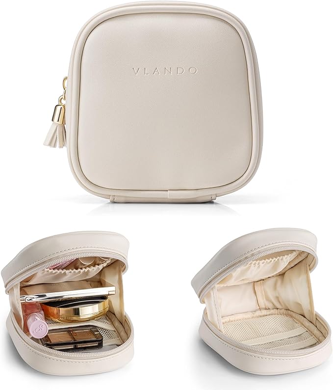 Vlando Mini Makeup Bag, Small Makeup Bag for Purse with Slip-in Pockets, Portable Travel Toiletry Bag with Zipper, Waterproof Make up Organizer Case for Women - Cream White
