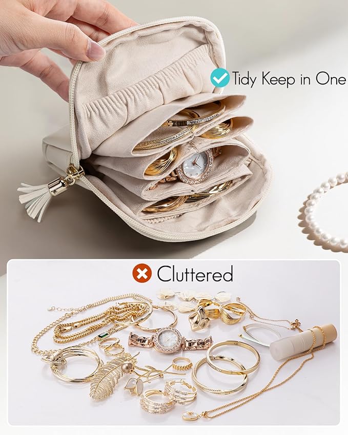 VLANDO Small Travel Jewelry Case,Wedding Gifts for Women,Jewelry Pouch Bags with Zipper,Velvet Jewelry Organizer Storage Bag for Bracelet Rings Earring-Cream White