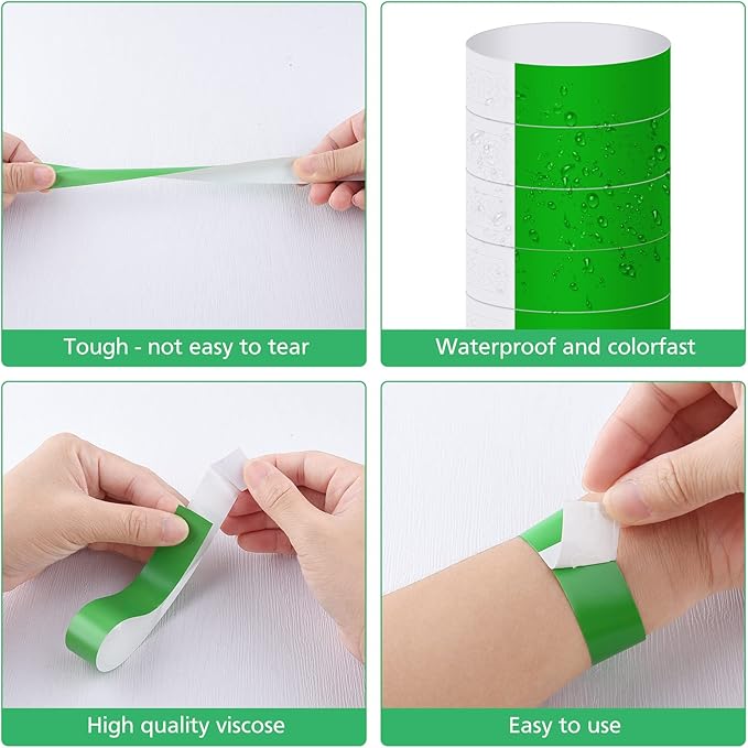 MIAHART Green Paper Wristbands 300 Pack - Event Wristbands - Waterproof & Lightweight - 25cm x 2cm - Round - Synthetic Paper - Identification Wristbands