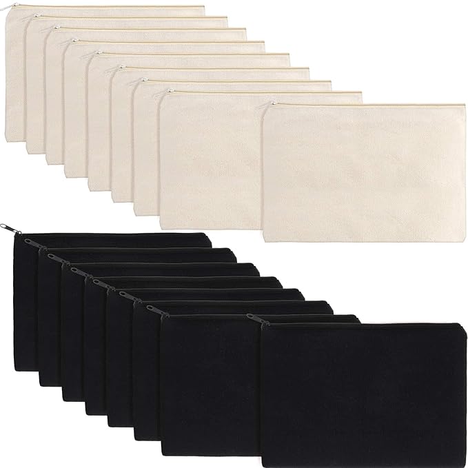 meekoo 16 Pack Blank Canvas Pouch Zipper Cosmetic Bag Bulk Plain Makeup Pouch Sublimation DIY Craft Multipurpose Travel Toiletry Bag for Makeup Cosmetic Stationary Storage Organizer(M,Beige and Black)