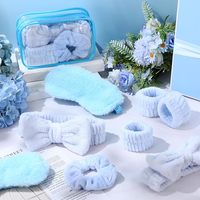 Hoteam 10 Pcs Galentine Spa Party Supplies Valentine Gift Set Sleepover Party Favor Spa Headband Wristband Sleep Eye Mask Velvet Scrunchies for Skin Care Makeup Slumber Night Favor(Blue)