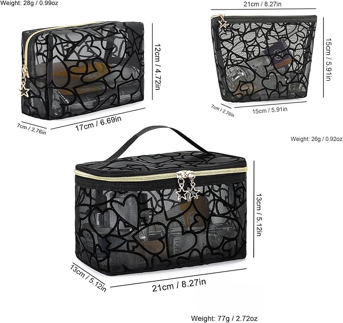 3-Piece Mesh Makeup Bag Set Flocking Heart Printed, Portable Travel Mesh Cosmetic Bags Toiletry Bags Makeup Purse Bags Five-pointed star zipper pull Storage Pouches, for Home Travel