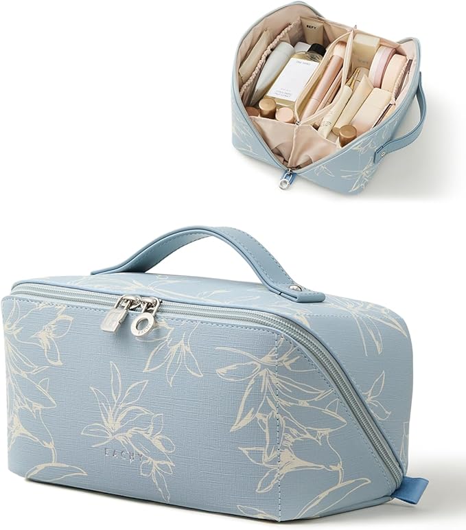 EACHY Travel Makeup Bag, Large Capacity Cosmetic Bags for Women, Waterproof Portable Pouch Open Flat Toiletry Bag Pattern Makeup Bag (F-Blue)