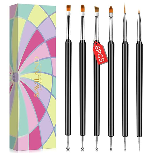 SAVILAND Nail Art Brushes Set - 6pcs Double-End Nail Art Tools Professional Nail Art Kit Dotting Tools Line Pen Painting Brushes for Gel Polish Nail Design French Manicure