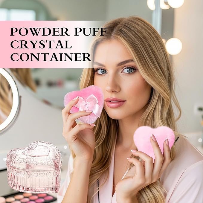 2 Pieces Large Body Powder Puff and Container, Dusting Powder Container with Puff,Powder Puff Crystal Case, Body Powder for Women Soft Washable Reusable Velour Face Body Glitter Wet Dry Makeup(Love)