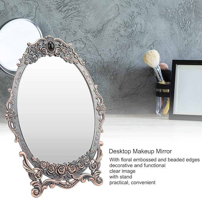 Cyrank Vintage Makeup Mirror, Oval Floral Mirror Decorative Tabletop Makeup Metal Vintage Cosmetic for Home Decorative(Red Bronze)