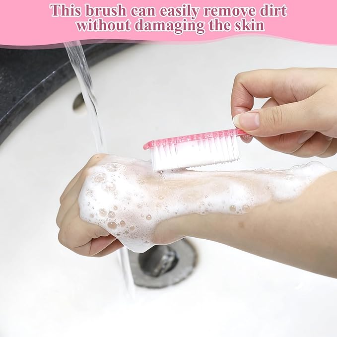 60PCS Handle Grip Nail Cleaning Brushes, Hand Fingernails Scrubber Brushes Pedicure Dust Brush Manicure Tools for Women Men Home Salon Nail Foot Toes Cleaner (Clear Pink)