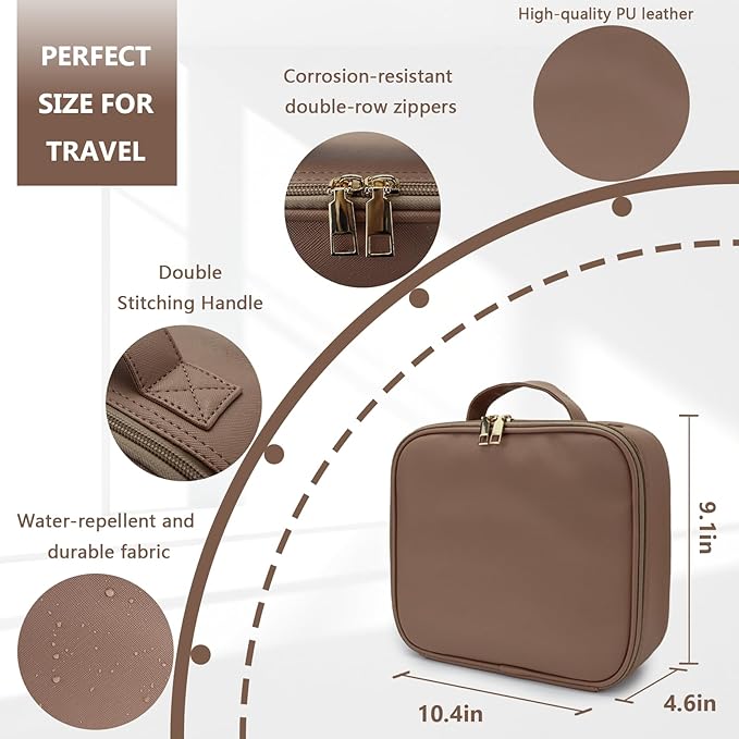 Travel Makeup Bag for Makeup Artists Large Makeup Case,with Mirror 3 Color Setting and Detachable 10x Magnifying Mirror Travel Makeup Bag,Portable Storage and Adjustable Dividers（Mocha）