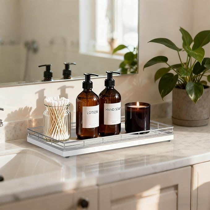 Large Bathroom Vanity Tray – 13" x 8" Oak Decorative Wooden Tray for Bathroom Countertop & Vanity Organizer, Wood Tray for Perfume, Skincare & Accessories Storage, Vanity Dresser Decor Sliver & White