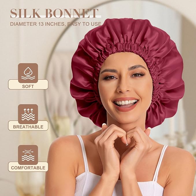 Satin Bonnet Silk Bonnet Hair Bonnet for Sleeping-Slouchy Beanie Hat Satin Sleep Cap for Women's Natural & Curly Hair(Red)