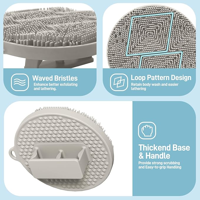 Silicone Body Scrubber for Shower, Silicone Loofah Body Buffer with Dense Bristles and Comfort Handle, Exfoliating Body Scrubber Shower Scrubber for Good-Lathering & Deep Cleansing(LGray)