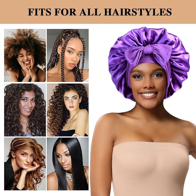 2+3 Large Satin Bonnets with Scrunchies for Women, Hair Bonnet Sleeping Tie Bonnet for Braids Curly Hair