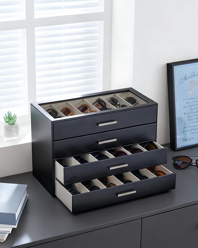 Lolalet Beige Sunglasses Storage Box for Women, Eyewear Eye Glass Organizer with Clear Top Lid Display Holder Case
