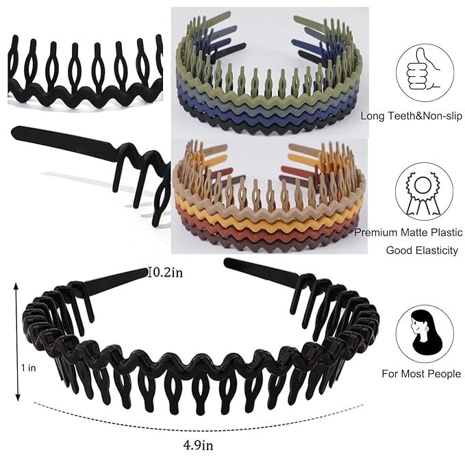 LAPOHI 8 PCS Non Slip Fashion Effortless Plastic Headbands with Teeth Comb Skinny Hair Accessories Bands for Women Men Teen Girls, Long Teeth Morandi