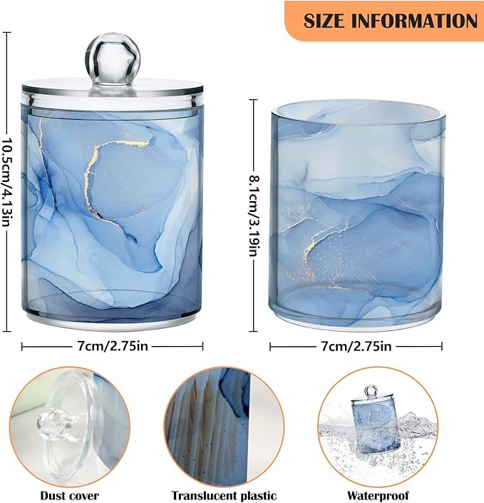 2 Pack Qtip Holder Dispenser Blue Marble Bathroom Storage Canister Lid Acrylic Plastic Apothecary Jar Set Vanity Makeup Organizer for Cotton Swabs/Pads/Floss