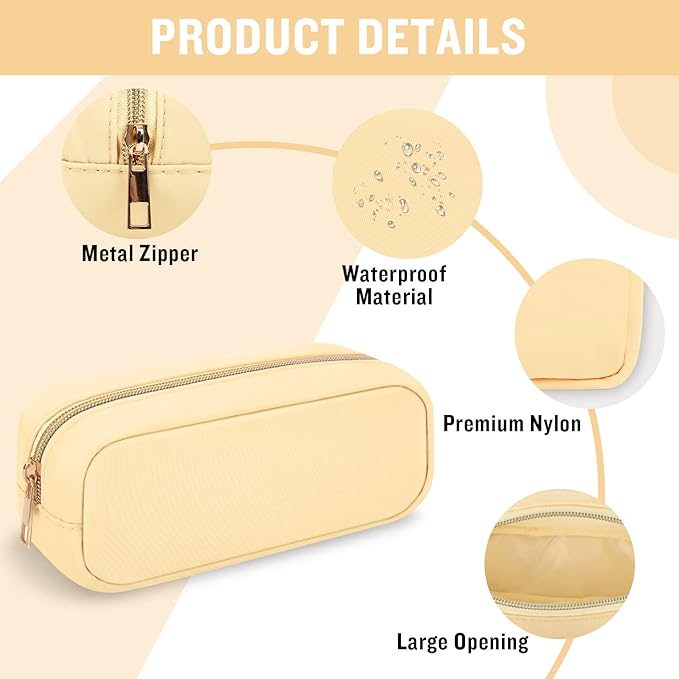 Nylon Small Makeup Bag Slim Cosmetic Zipper Pouch, Preppy Makeup Brush Bag Compact Make up Pouch Toiletry Bag, Waterproof Zipper Purse Travel Coin Pouch Storage Bag for Women Girls Teens(Beige)