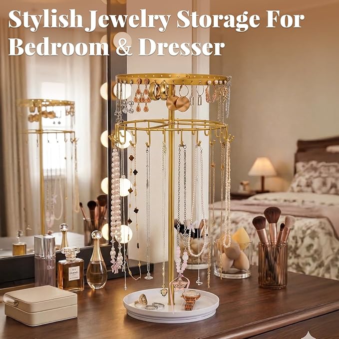 LANDNEOO Necklace Holder Jewelry Organizer, 360° Rotating 3-Tier Jewelry Stand Display, 14.3" Holds 80 Pcs, Earring Holder, Bracelet Ring Holder, Jewelry Organizer and Storage For Women Vanity Dresser