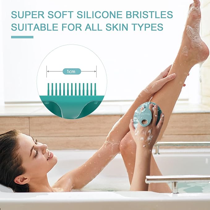 BEAUTAIL Silicone Body Scrubber Shower Bath Wash Brush Gentle Exfoliating Scrub Cleansing Loofah for Women Men Baby Sensitive Skin, Easy to Clean, Lather Nicely, More Hygienic, 1 Pack, Cyan