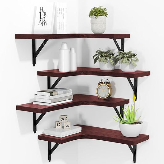 ROMGUAR CRAFT Corner Floating Shelves Wall Mounted Set of 4, Rustic Wood Storage Display Shelves for Home Decor, Bathroom, Kitchen, Bedroom, Living Room, Office (Red)