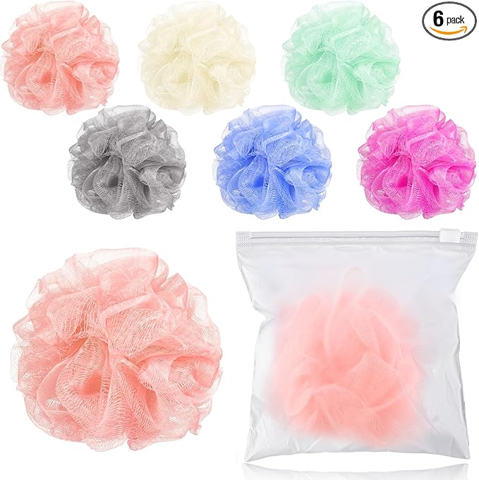 6 Pcs Travel Size Loofah Individually Wrapped, Small Shower Puff Bath Sponge Pouf Ball Bulk Mesh Bath Puff Mini Loofah Sponge with Case Bulk for Shower Care (25g,Pastel)