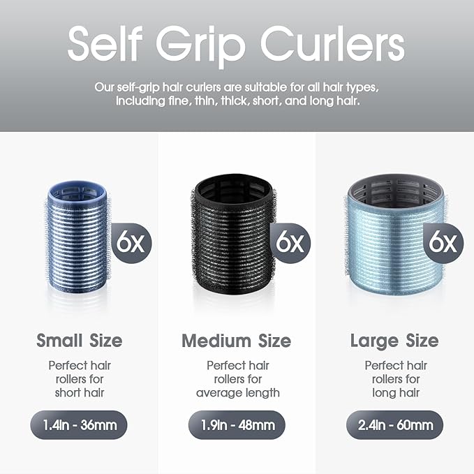 Self-Grip Ceramic Ionic Thermal Hair Rollers Set - 18 Velcro Rollers for Long and Short Hair, Blowout Look, Salon Quality