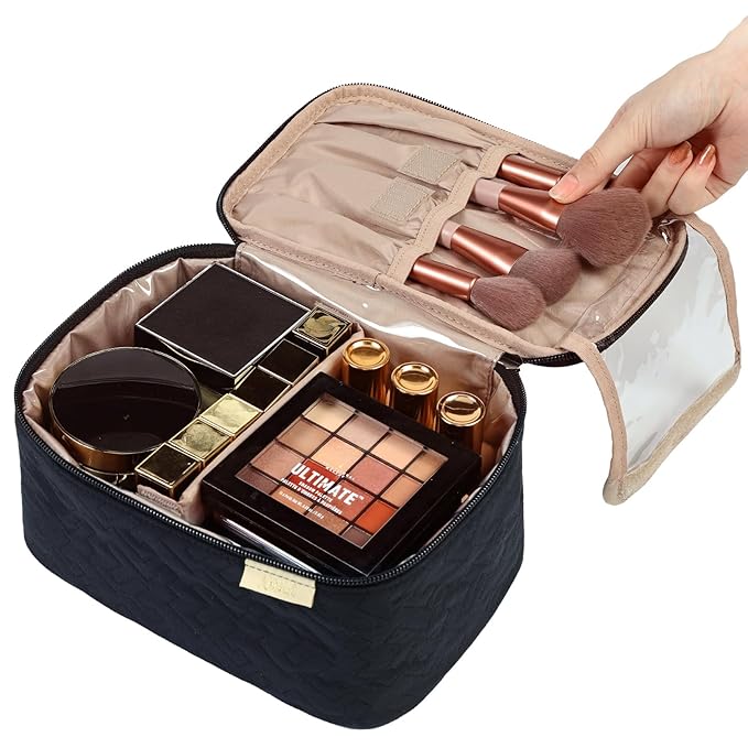 NISHEL Travel Makeup Bag Women, Cosmetic Organizer Case, Portable Essentials Case for Travel-Size Accessories Bottles, Brushes, and Skin Care Products, Black