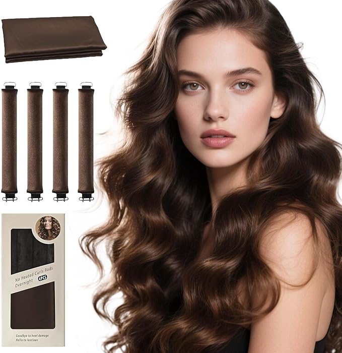 Heatless Hair Curler, Heatless Curls Overnight Hair Curlers to Sleep in No Heat Hair Curler ‌Heat-Free Curling Styling 5-Piece Set‌ (Brown)