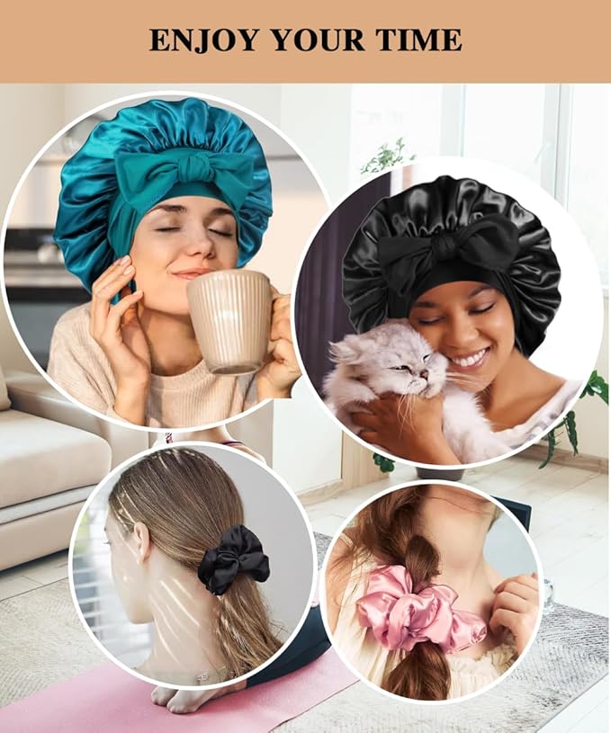 2+3 Large Satin Bonnets with Scrunchies for Women, Hair Bonnet Sleeping Tie Bonnet for Braids Curly Hair