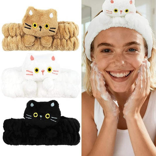 3 PCS Spa Headbands for Women & Girls Cute Hair Band for Washing Face Skincare Makeup Headband for Woman Fluffy Cat Facial Headband Spa Day Essentials (Black White Khaki)