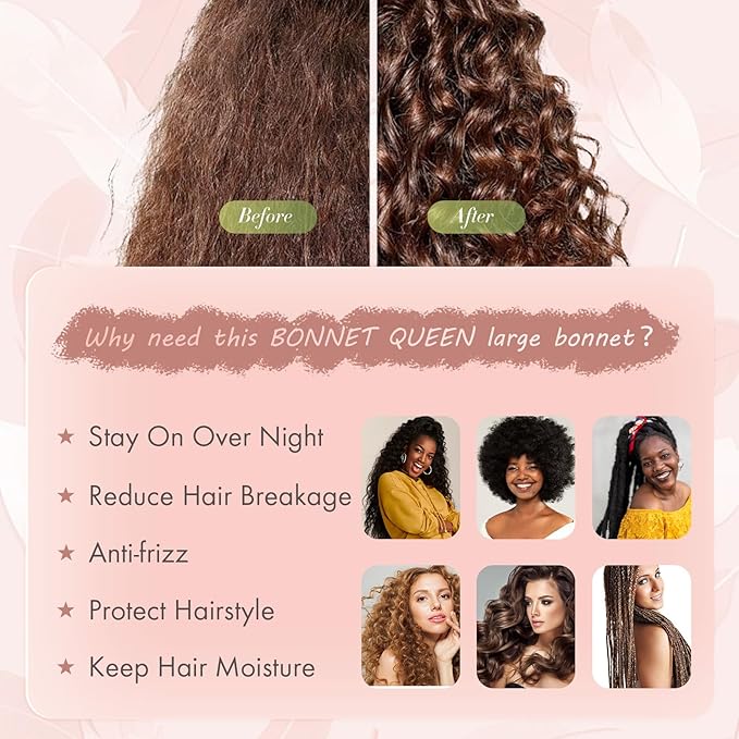 BONNET QUEEN Silk Bonnet for Sleeping Women Big Satin Bonnet Night Sleep Cap Wrap for Curly Hai rwith Adjustable Tie Band, Single Layer, Large, Pink