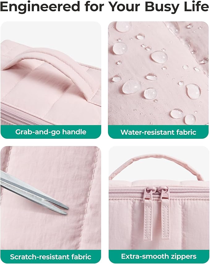 BAGSMART Travel Makeup Bag for Women, Portable Water-resistant Cosmetic Case, Puffy Padded Make Up Organizer Pouch, Open Flat Toiletry Bag for Toiletries, Brushes, Forest Green