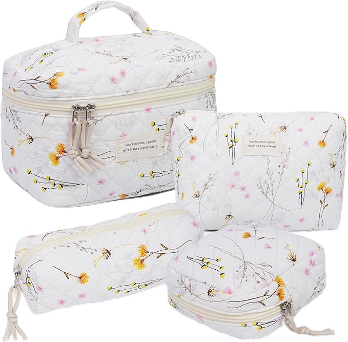 VIWIME Makeup Cosmetic Bag, Large Cotton Quilted Travel Coquette Aesthetic Cute Floral Make up Bag for Women Toiletry Bag Organizer (303-LongYellow)