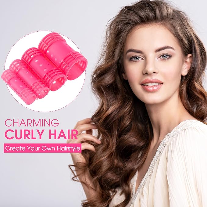 WILLBOND 65 Pieces Magnetic Hair Rollers Set Plastic Rollers Curlers with Clips 4 Sizes for Long Medium Short Hair, Duck Clips Hairnet Hairdressing Styling Tool(Pink)