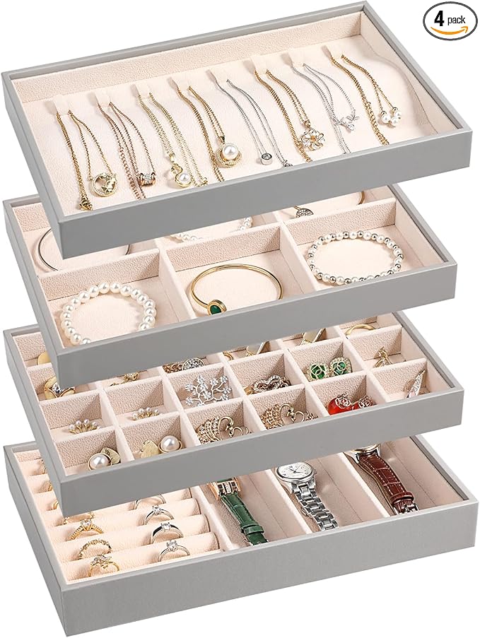 LANDICI Stackable Jewelry Organizer Trays 4 Set,PU Leather Jewelry Organizer Drawer,Jewelry Storage Display Tray for Earring Necklace Rings Bracelet with Removable Dividers,Grey