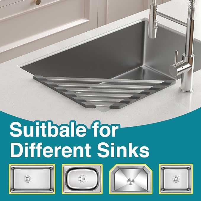 Corner Sink Drying Rack, 16"x9.5" Rust-Proof Aluminum Triangular Dish Drainer, Heat Resistant Roll Up Mat for Kitchen Counter, Sponge Holder & Organizer with Non-Slip Silicone Base, Gray