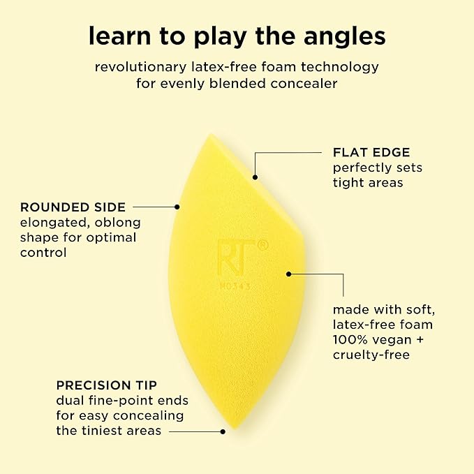 Real Techniques Miracle Concealer Sponge, Makeup Blending Sponge For Liquid & Cream Concealer, Elongated Shape For Precise Application Under Eyes & Tight Areas, Yellow, Latex-Free Foam, 2 Count